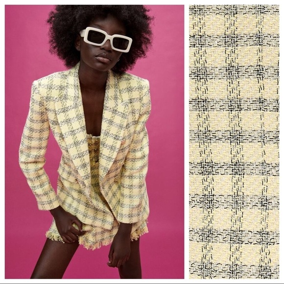 NWT. Zara Yellow/Black Textured Plaid Double Breasted Blazer. Size S. - Picture 3 of 11